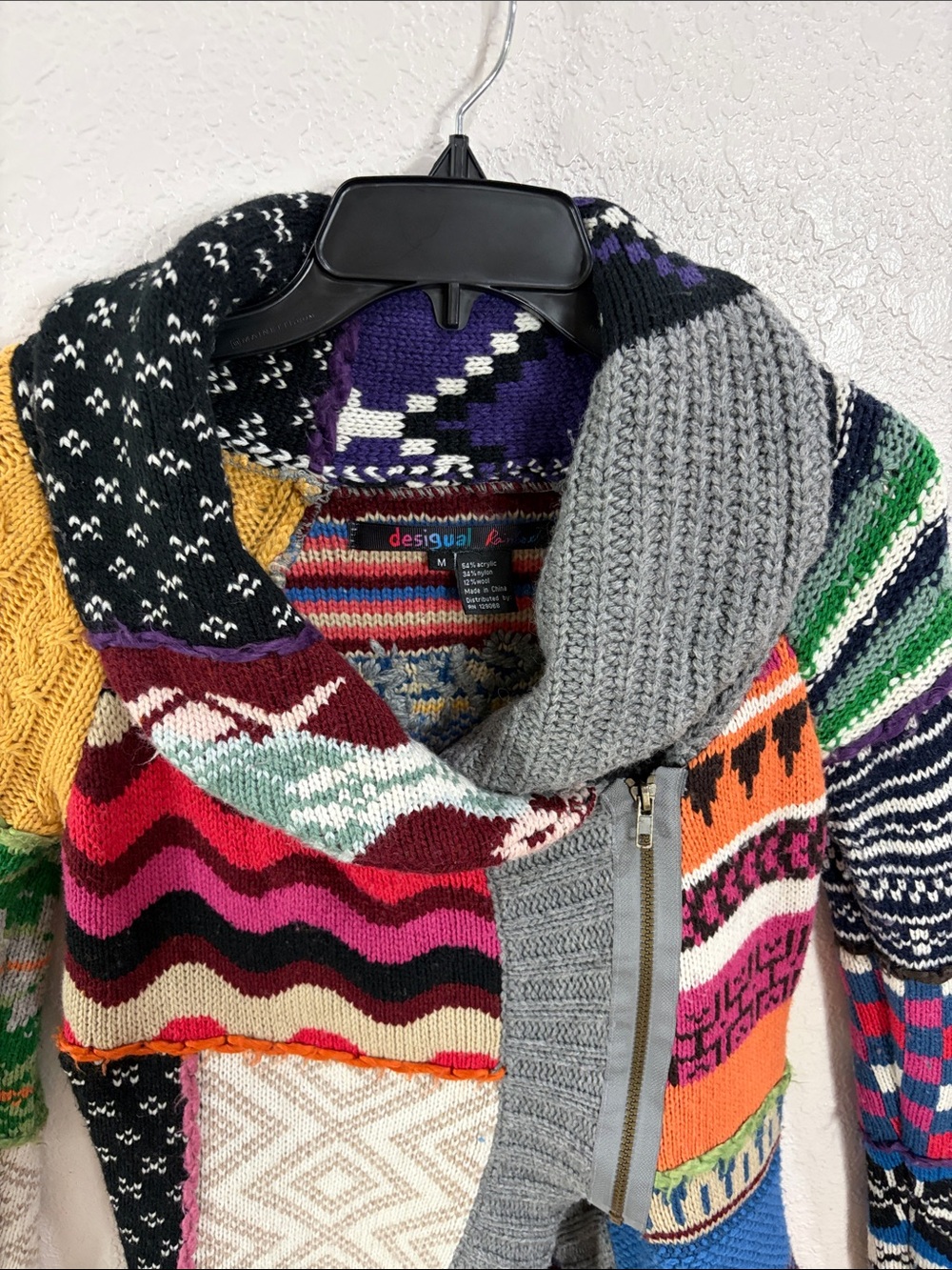 Desigual Multicolor Patchwork Zip-Up Sweater with Gray Trim,Size M. - Picture 4 of 17